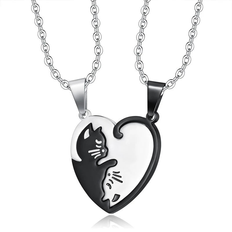 Matching Cat Heart Couple Necklaces - Symbol of Love & Togetherness