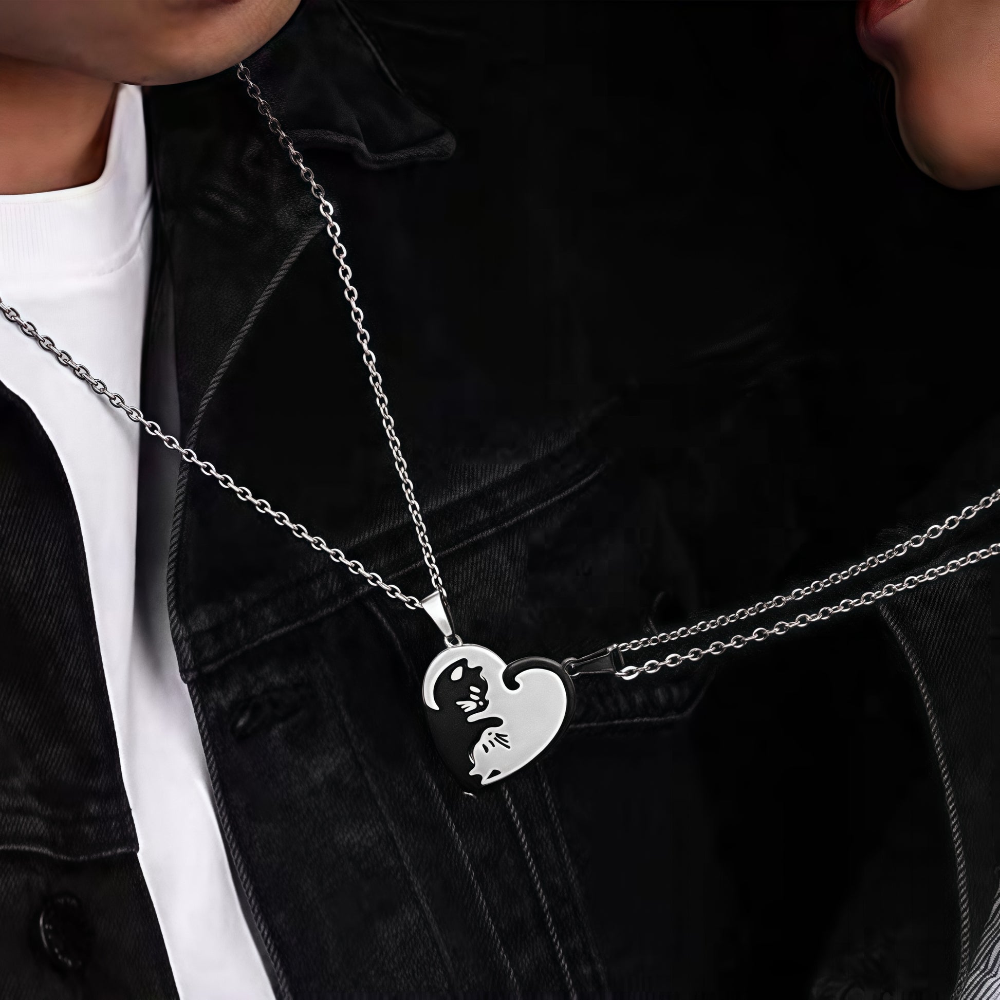 Matching Cat Heart Couple Necklaces - Symbol of Love & Togetherness