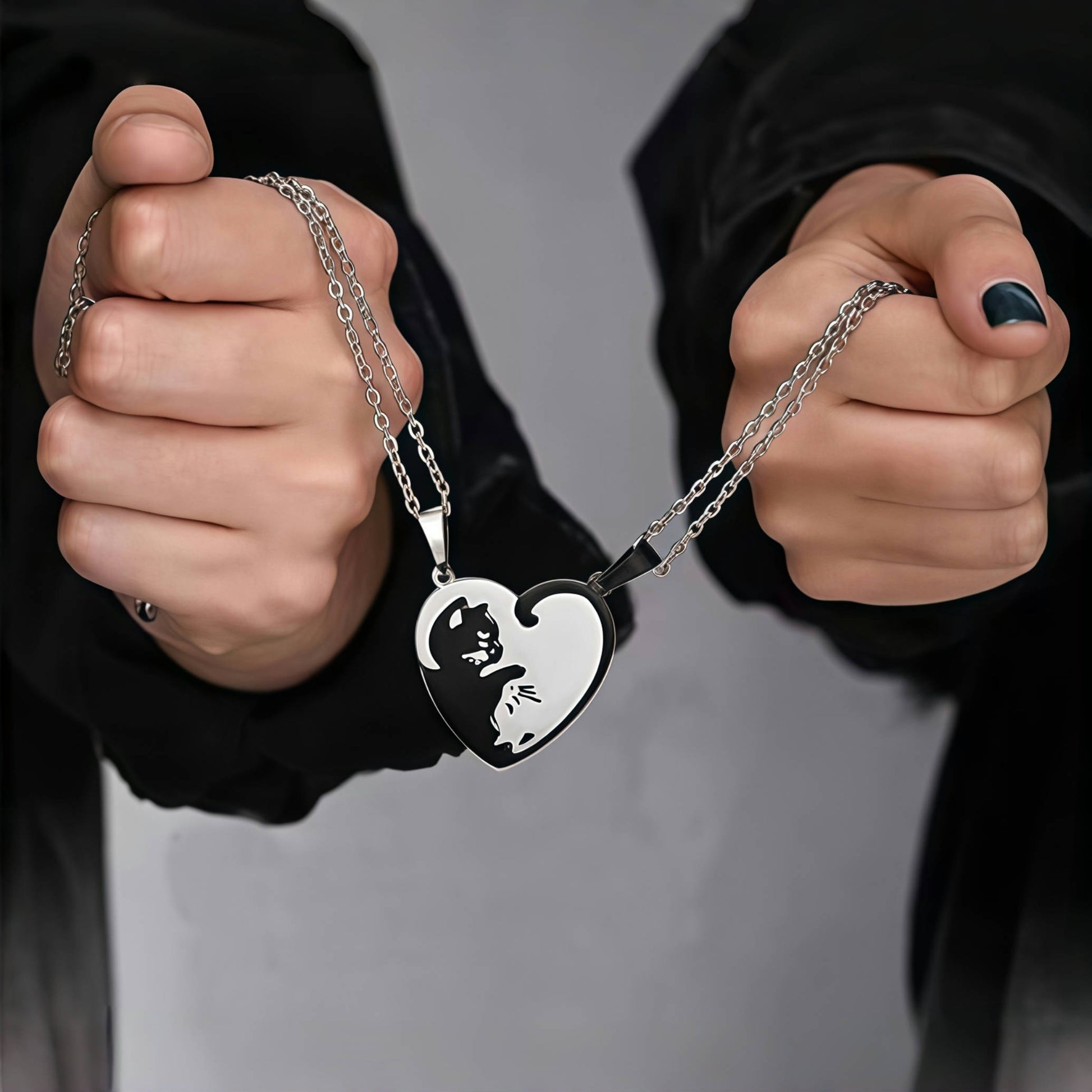 Matching Cat Heart Couple Necklaces - Symbol of Love & Togetherness
