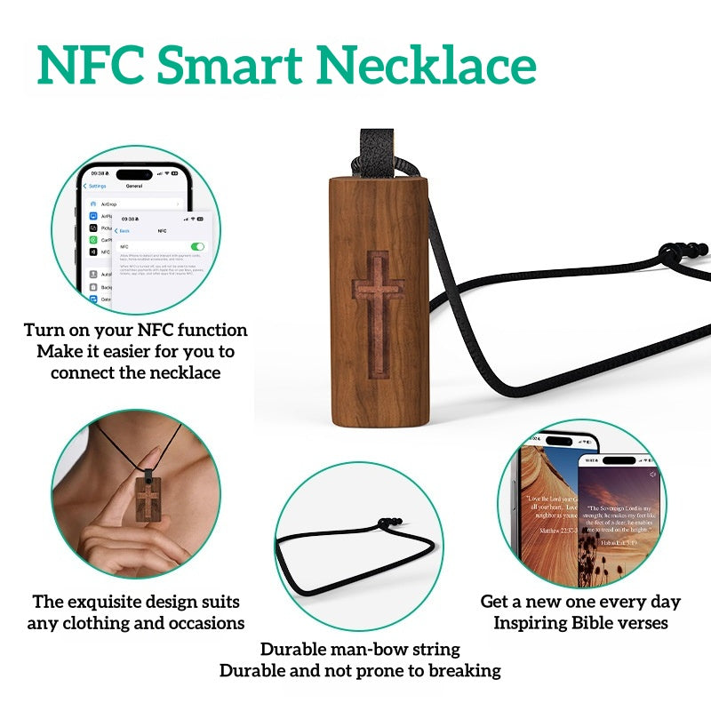 NFC Smart Wooden Cross Necklace - Daily Inspirational Bible Verses