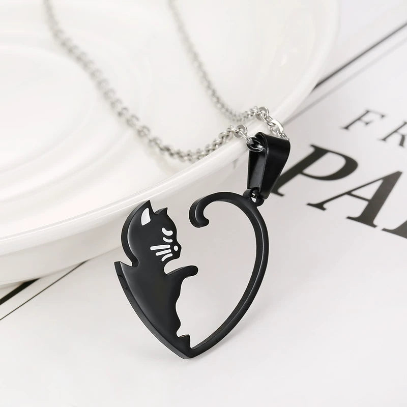 Matching Cat Heart Couple Necklaces - Symbol of Love & Togetherness