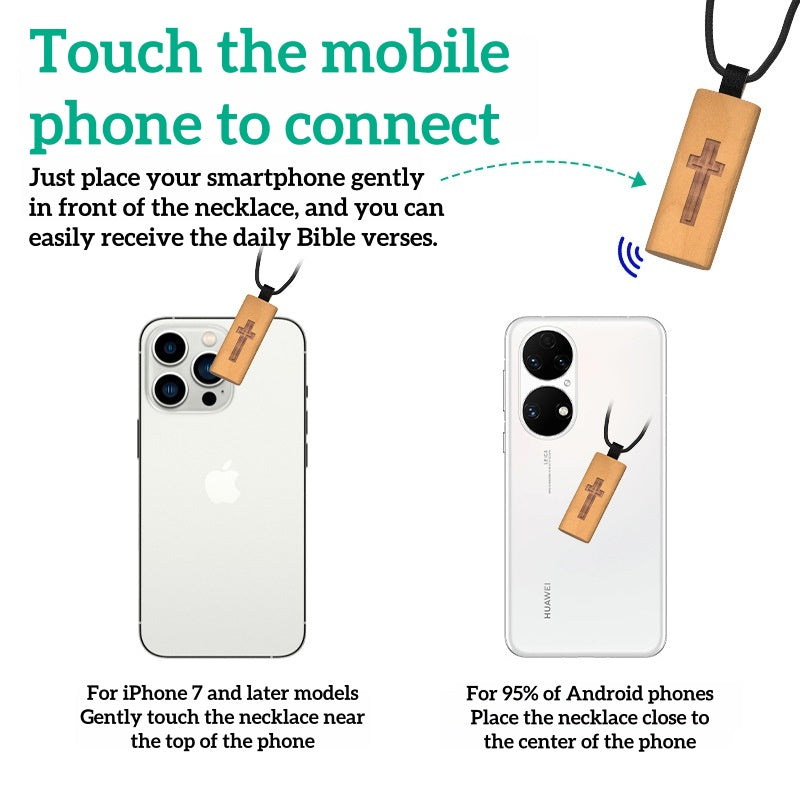 NFC Smart Wooden Cross Necklace - Daily Inspirational Bible Verses