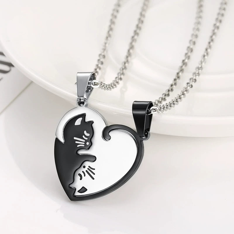 Matching Cat Heart Couple Necklaces - Symbol of Love & Togetherness