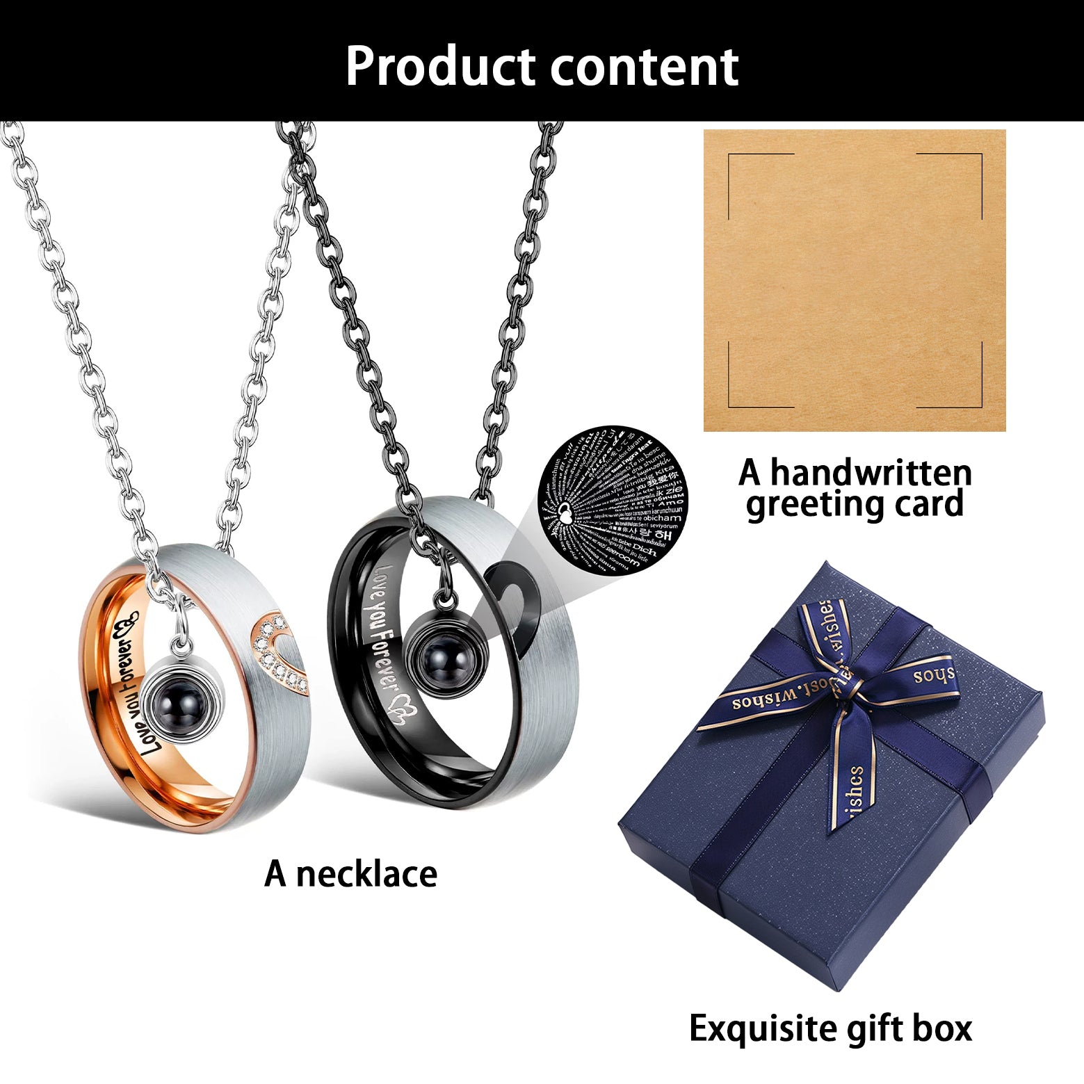 100 Languages "I Love You" Projection Couple Necklaces and Rings - Gift for Lovers